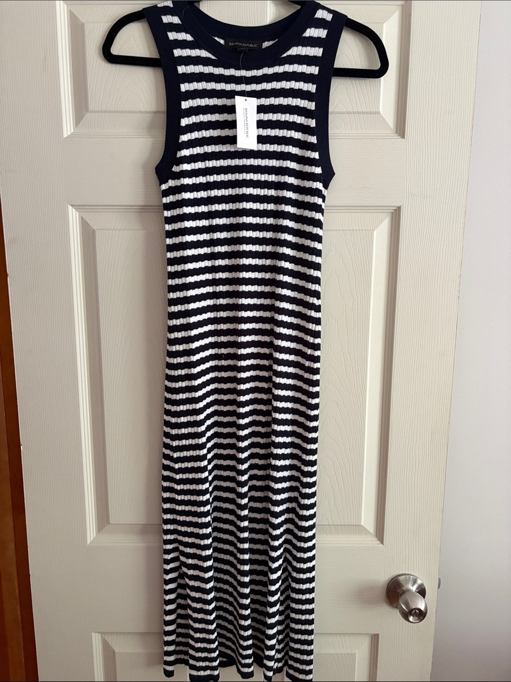 NWT Banana Republic Navy and White Ribbed Knit Striped Maxi Dress XS